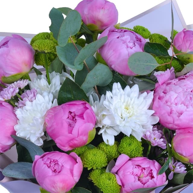 Букет из Пионов и Хризантем «Внимание» Букет из Пионов и Хризантем «Внимание»