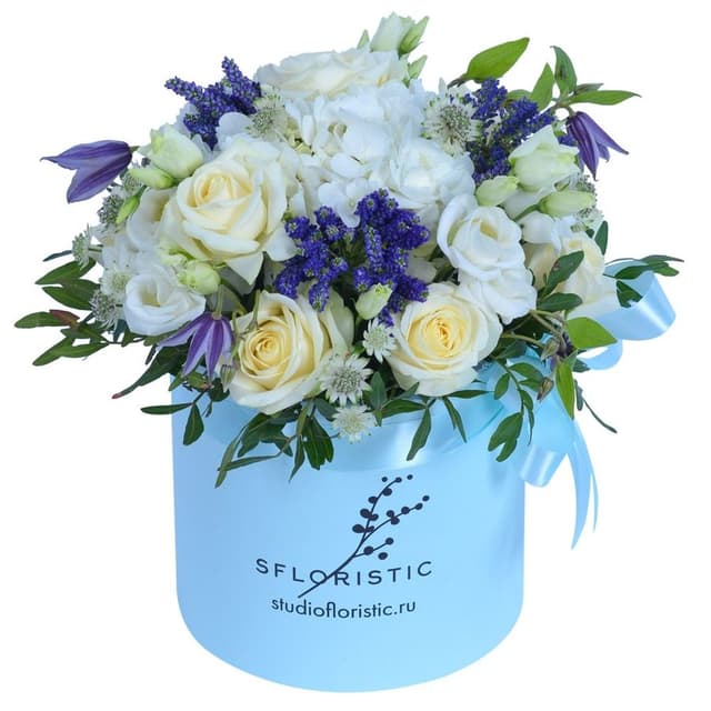 Композиция из Роз, Гортензии и Вероники в шляпной коробке «Утро в облаках» Композиция из Роз, Гортензии и Вероники в шляпной коробке «Утро в облаках»