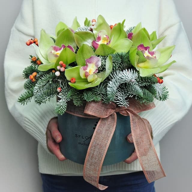 Новогодняя композиция из Нобилиса с Орхидеями «Зеленый сад» Новогодняя композиция из Нобилиса с Орхидеями «Зеленый сад»