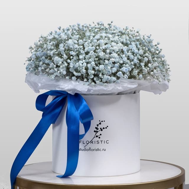 Композиция из Гипсофилы в шляпной коробке «Голубая Лагуна» Композиция из Гипсофилы в шляпной коробке «Голубая Лагуна»