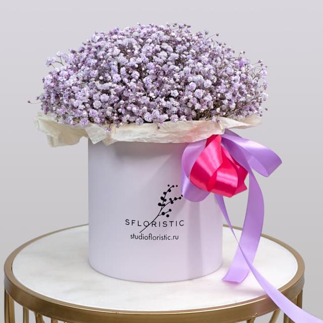Композиция из Гипсофилы в шляпной коробке «Лавандовое поле» Композиция из Гипсофилы в шляпной коробке «Лавандовое поле»