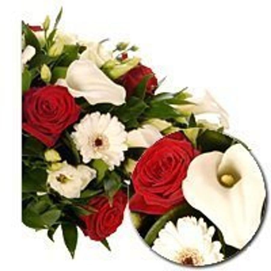 Настольная композиция из Роз, Калл и Лизиантуса «Красный и белый»
