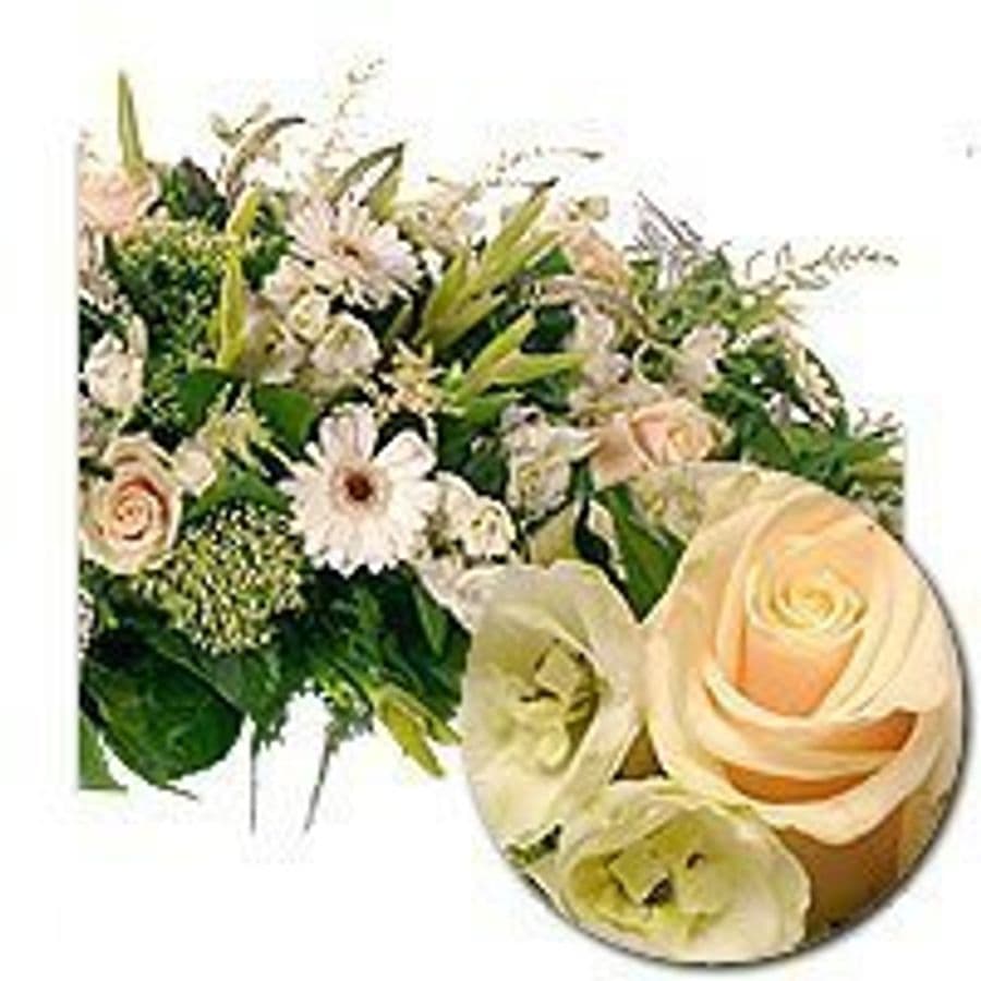 Настольная композиция из Роз, Эустомы и Гербер «Летний урожай»