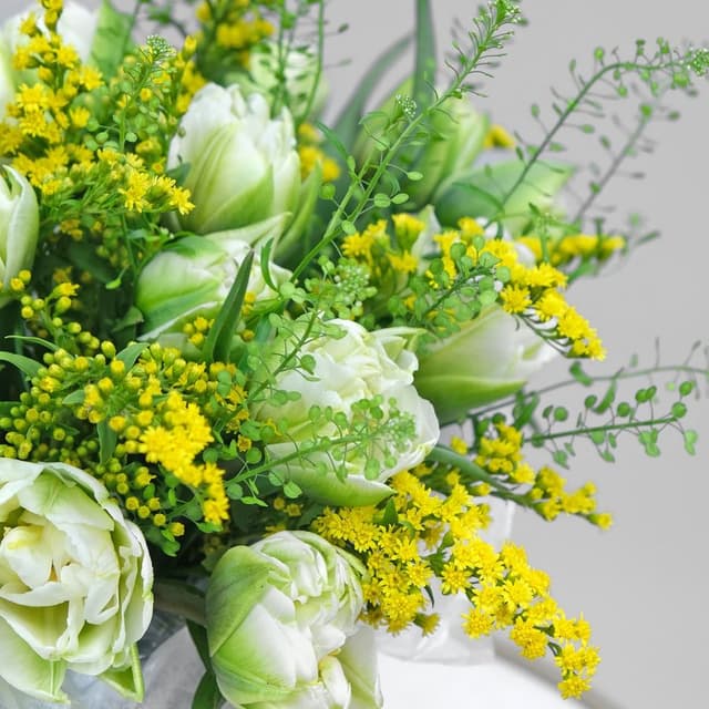 Букет из пионовидных Тюльпанов и Солидаго «Сказочная весна» Букет из пионовидных Тюльпанов и Солидаго «Сказочная весна»