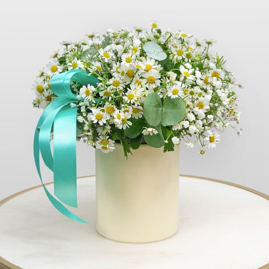 Композиция из Ромашки и Гипсофилы в шляпной коробке «Нежная Любовь»