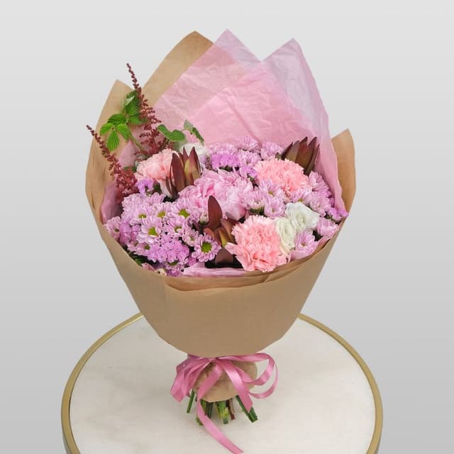 Букет из Гвоздики, Эустомы и Хризантемы «Закат на сафари» Букет из Гвоздики, Эустомы и Хризантемы «Закат на сафари»