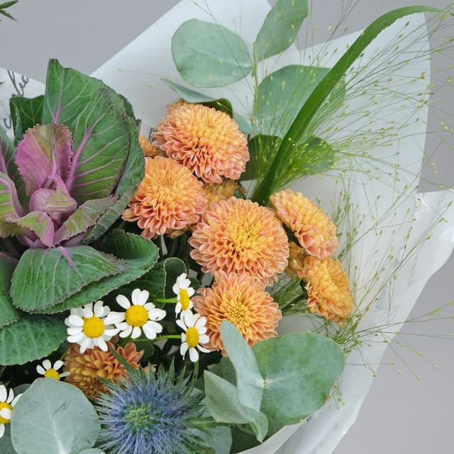 Букет из Эрингиума, Ромашки и Хризантемы «Любимая Колючка» Букет из Эрингиума, Ромашки и Хризантемы «Любимая Колючка»