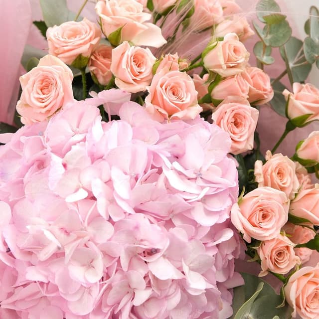 Букет из Гортензий и Кустовых Роз «Парижанка» Букет из Гортензий и Кустовых Роз «Парижанка»