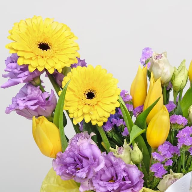 Композиция из Гермини, Эустомы и Тюльпана «Ясмина» Композиция из Гермини, Эустомы и Тюльпана «Ясмина»