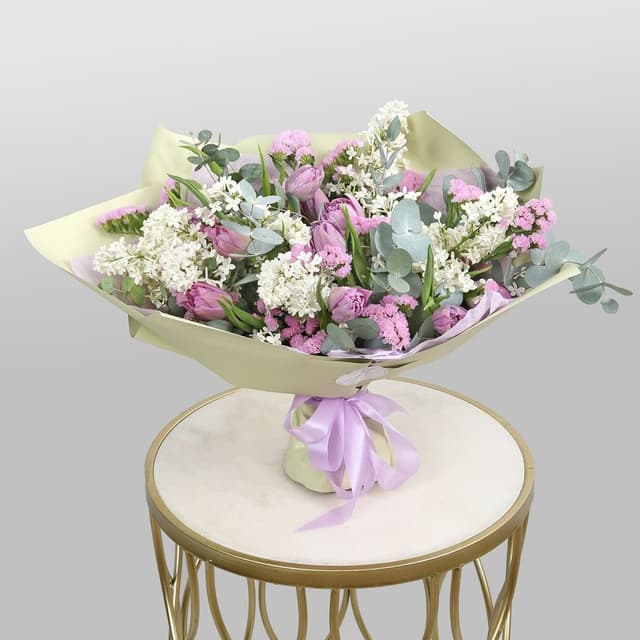 Букет из Сирени, Тюльпанов и Статицы «Ароматная мелодия» Букет из Сирени, Тюльпанов и Статицы «Ароматная мелодия»