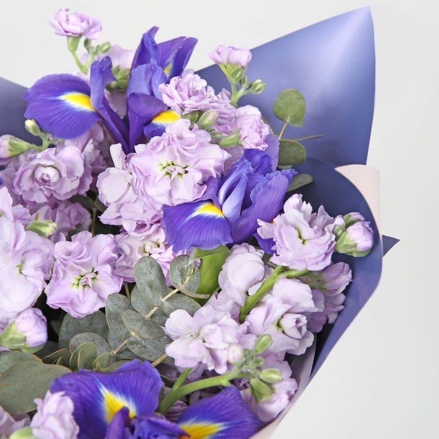 Букет из Маттиол и Ирисов «Чувства на лепестках» с эвкалиптом