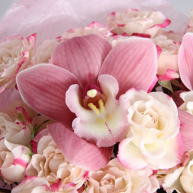 Букет из кустовых Роз и Орхидей «Шарм тропиков» Букет из кустовых Роз и Орхидей «Шарм тропиков»