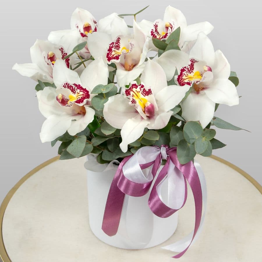 Композиция из Орхидей в шляпной коробке «Лунная орхидея»