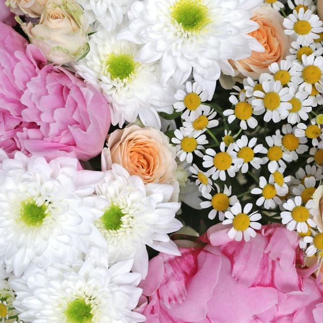 Букет из Пионов, Ромашек и Роз «Цветочный полдень» Букет из Пионов, Ромашек и Роз «Цветочный полдень»