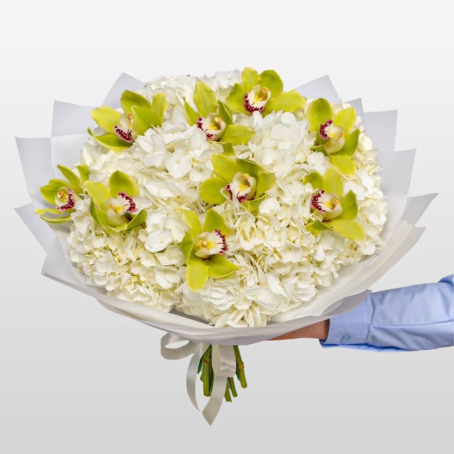 Букет из Гортензий и Орхидей «Солнечный блюз»