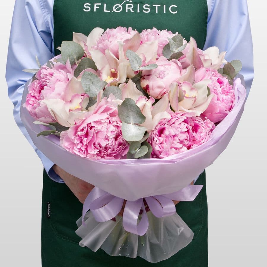 Букет из Пионов и Орхидей «Розовый кварц»