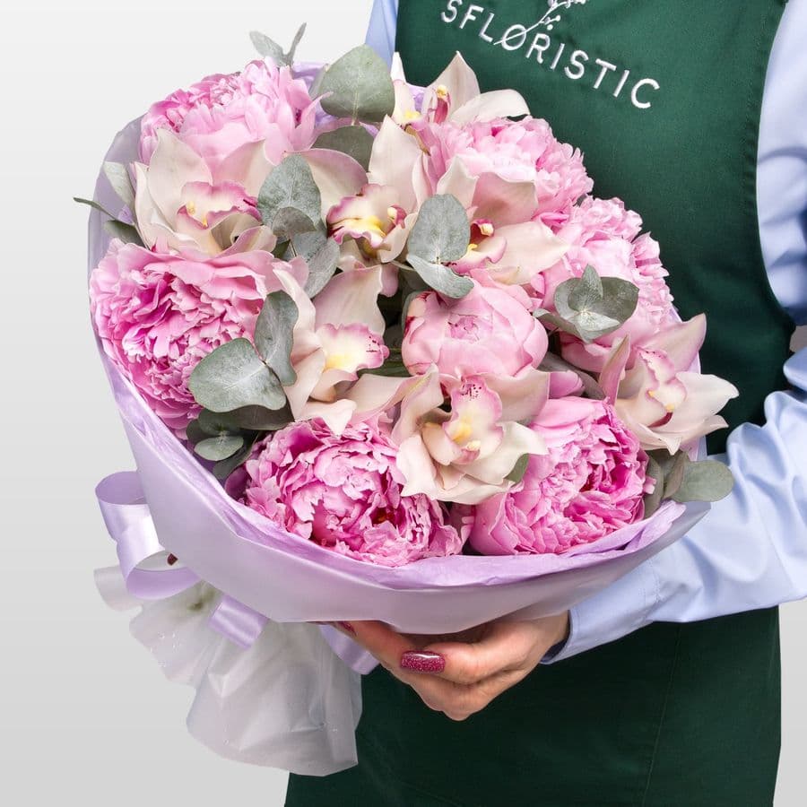 Букет из Пионов и Орхидей «Розовый кварц»