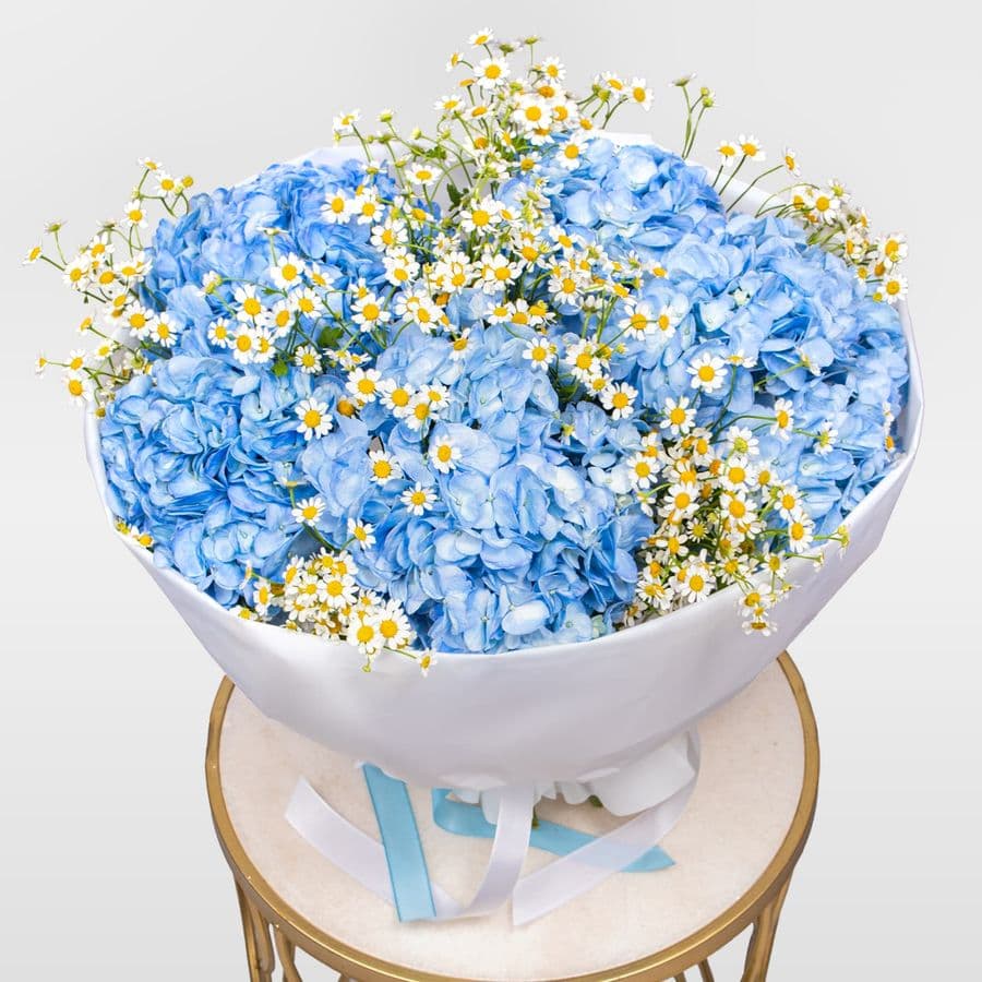 Букет из Гортензий и Ромашек «Свидание у моря»