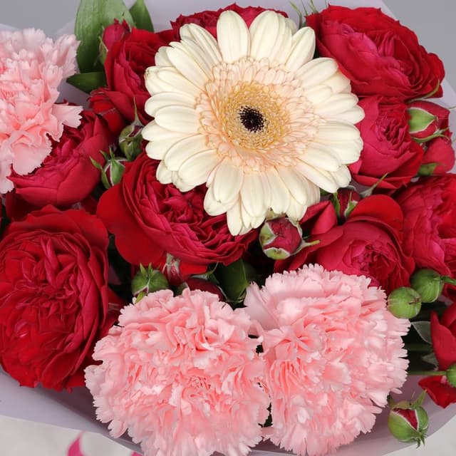 Букет из Кустовых Роз, Гвоздик и Гермини «Вихрь цветов» Букет из Кустовых Роз, Гвоздик и Гермини «Вихрь цветов»