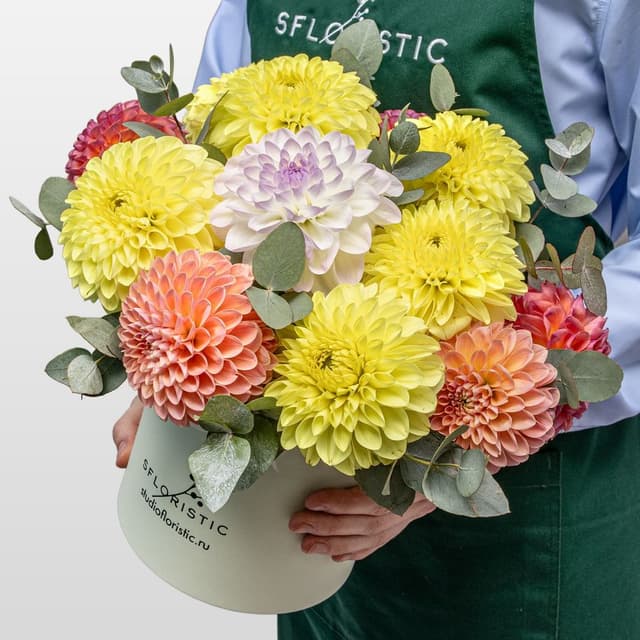 Композиция из Георгин и Эвкалипта в шляпной коробке «Солнечный Коктейль» Композиция из Георгин и Эвкалипта в шляпной коробке «Солнечный Коктейль»