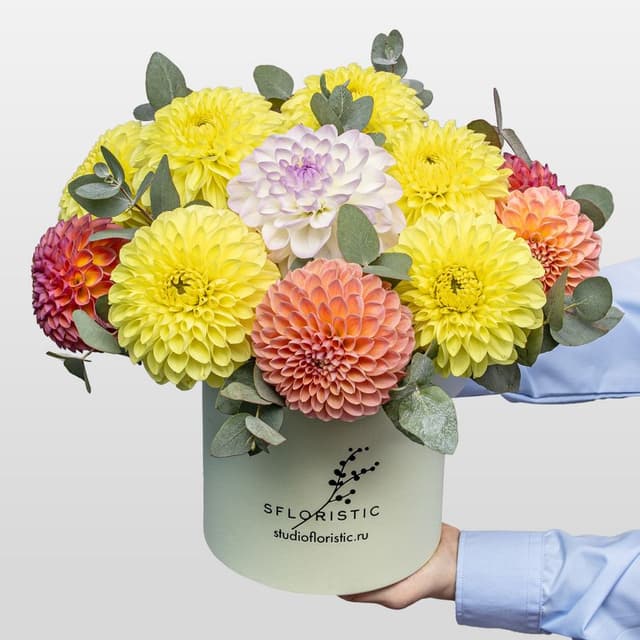 Композиция из Георгин и Эвкалипта в шляпной коробке «Солнечный Коктейль» Композиция из Георгин и Эвкалипта в шляпной коробке «Солнечный Коктейль»