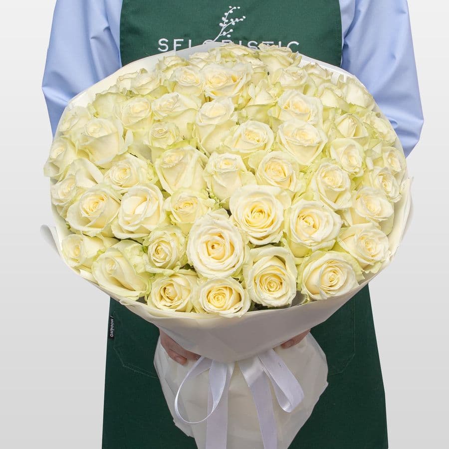 Букет из белых Роз Россия 51 шт «Белый Океан»