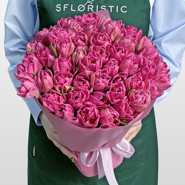 Букет розовых Пионовидных Тюльпанов 51 шт «Малиновый Звон» Букет розовых Пионовидных Тюльпанов 51 шт «Малиновый Звон»