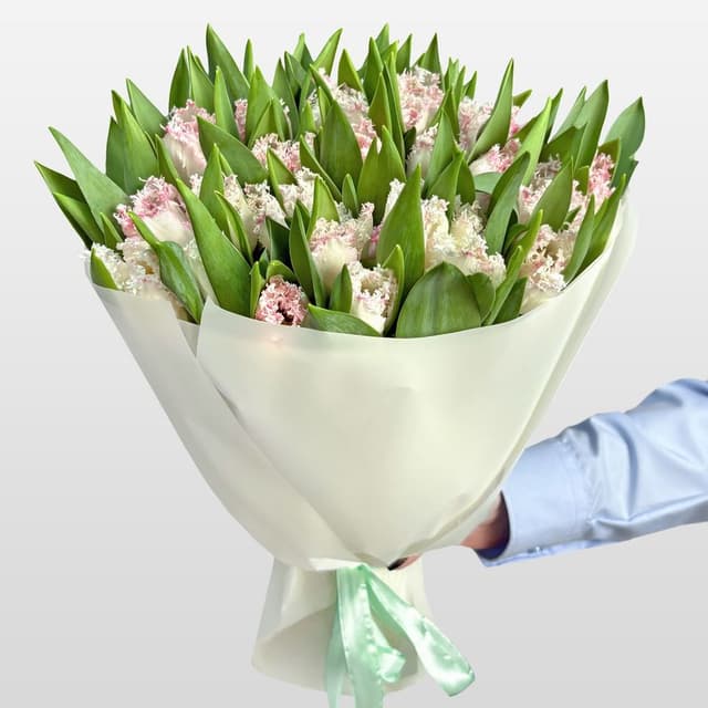 Букет махровых бело-розовых Тюльпанов 51 шт «Хрустальный Край» Букет махровых бело-розовых Тюльпанов 51 шт «Хрустальный Край»