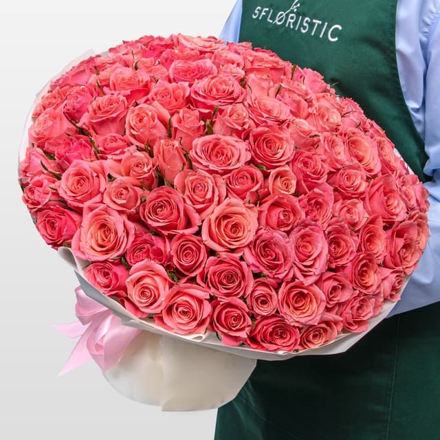 Букет розовых Роз Кения 40 см 101 шт «Цветущий Коралл» Букет розовых Роз Кения 40 см 101 шт «Цветущий Коралл»