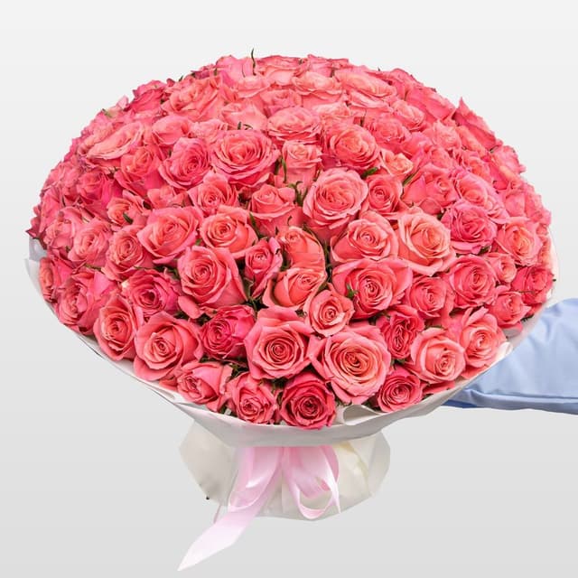 Букет розовых Роз Кения 40 см 101 шт «Цветущий Коралл» Букет розовых Роз Кения 40 см 101 шт «Цветущий Коралл»