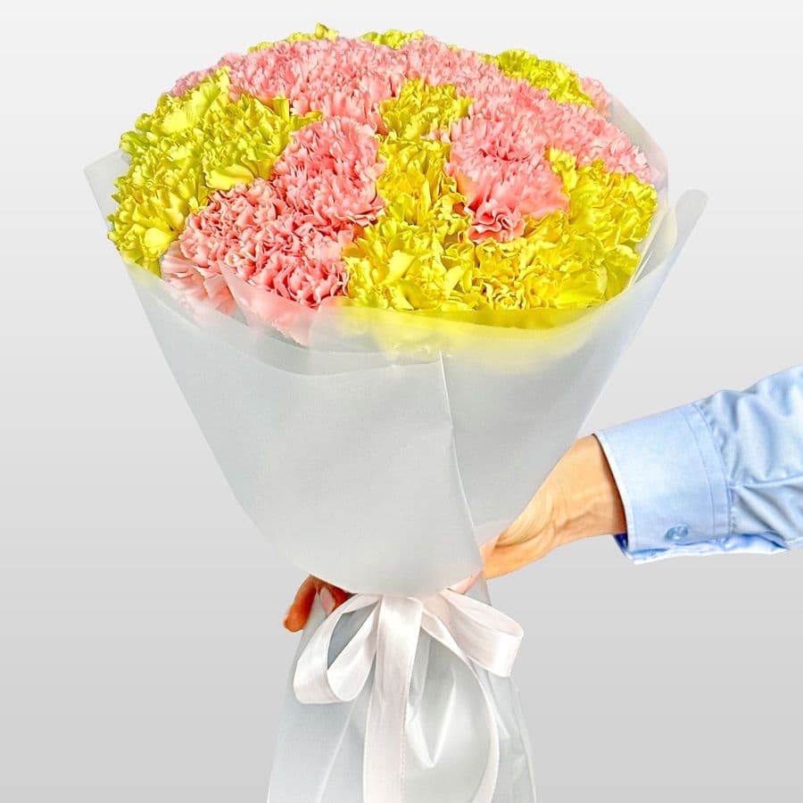 Букет из желтых и розовых Гвоздик 25 шт «Тропический Смузи»