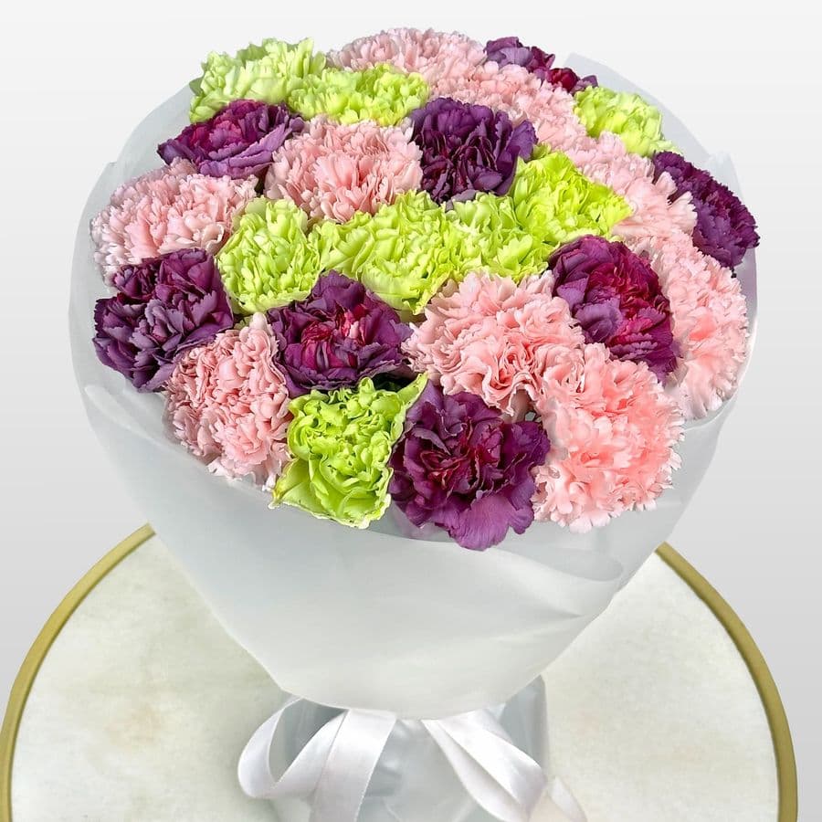 Букет из розовых, фиолетовых и зеленых Гвоздик 25 шт «Тайное Желание»