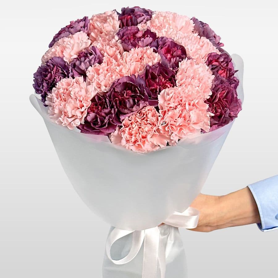 Букет из розовых и фиолетовых Гвоздик 25 шт «Эхо Заката»