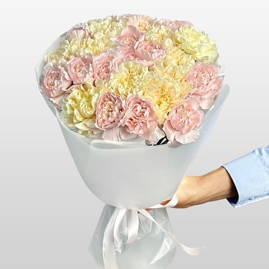 Букет из розовых и желтых Гвоздик 25 шт «Жемчужное Сияние»