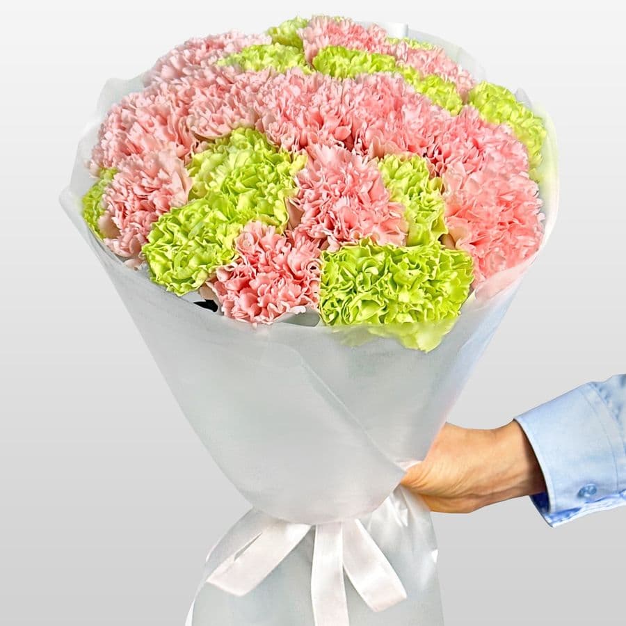Букет из розовых и зеленых Гвоздик 25 шт «Апрельский Дождь»