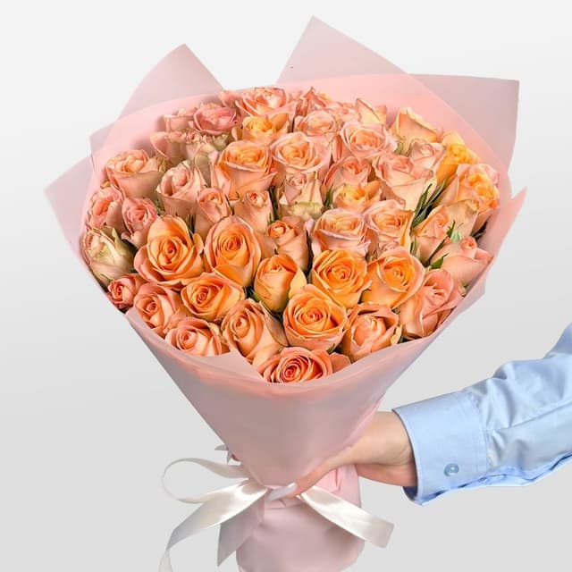 Букет из персиковых Роз Кения 40 см 51 шт «Теплый кашемир» Букет из персиковых Роз Кения 40 см 51 шт «Теплый кашемир»