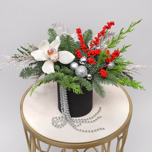 Новогодняя композиция из Нобилиса, Туи и Орхидеи в коробке «Серебряный Вальс» Новогодняя композиция из Нобилиса, Туи и Орхидеи в коробке «Серебряный Вальс»