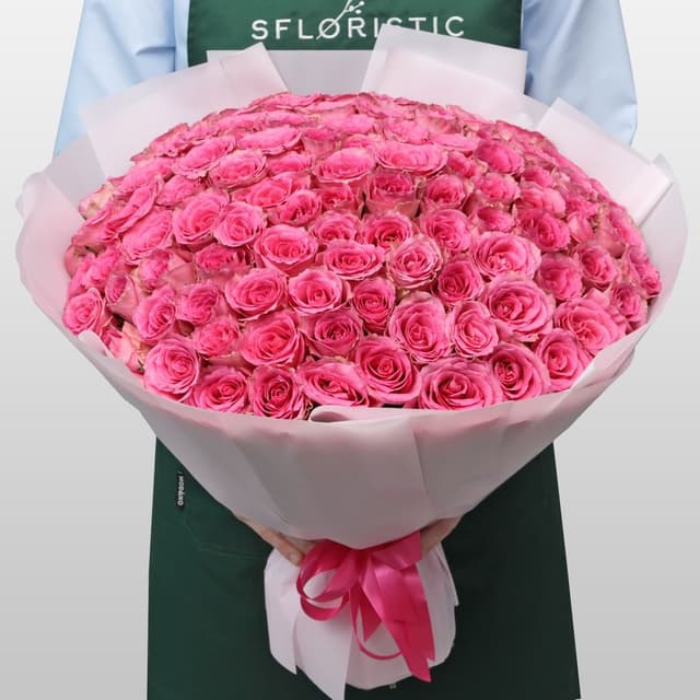 Букет из розовых Роз Кения 60 см 101 шт «Ярче Звезды» Букет из розовых Роз Кения 60 см 101 шт «Ярче Звезды»