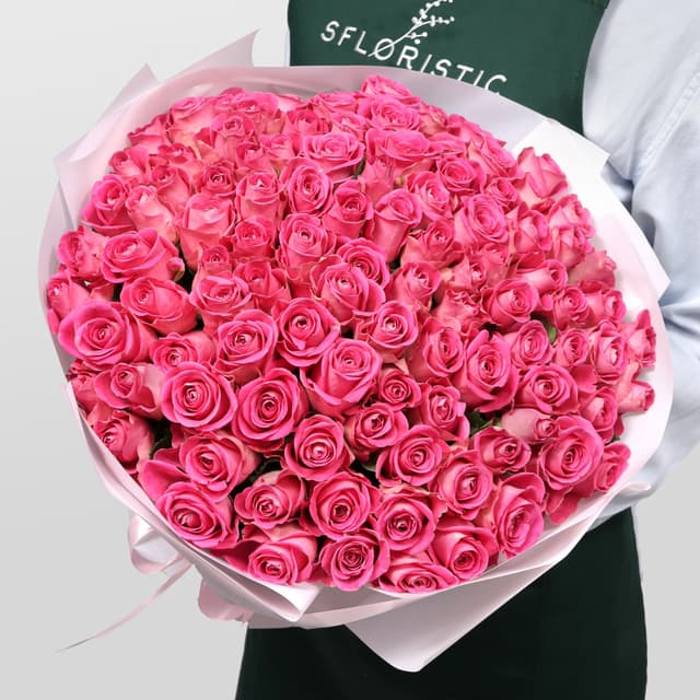 Букет из розовых Роз Кения 101 шт 40 см «Яркость чувств» Букет из розовых Роз Кения 101 шт 40 см «Яркость чувств»