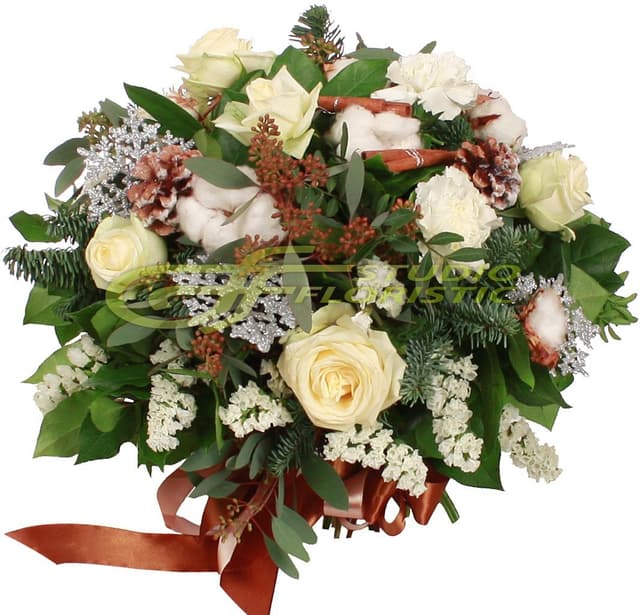 Букет новогодний из Роз, Гвоздик и Хлопка «Морозное утро» Букет новогодний из Роз, Гвоздик и Хлопка «Морозное утро»