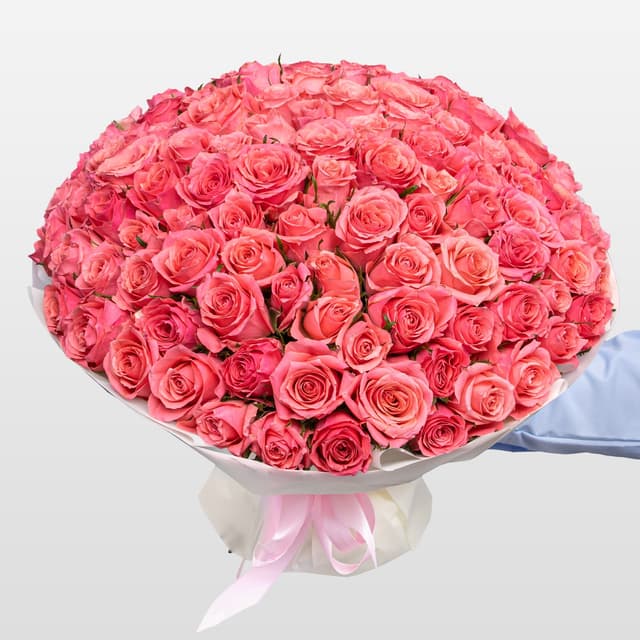 Букет розовых Роз Кения 40 см 101 шт «Цветущий Коралл» Букет розовых Роз Кения 40 см 101 шт «Цветущий Коралл»